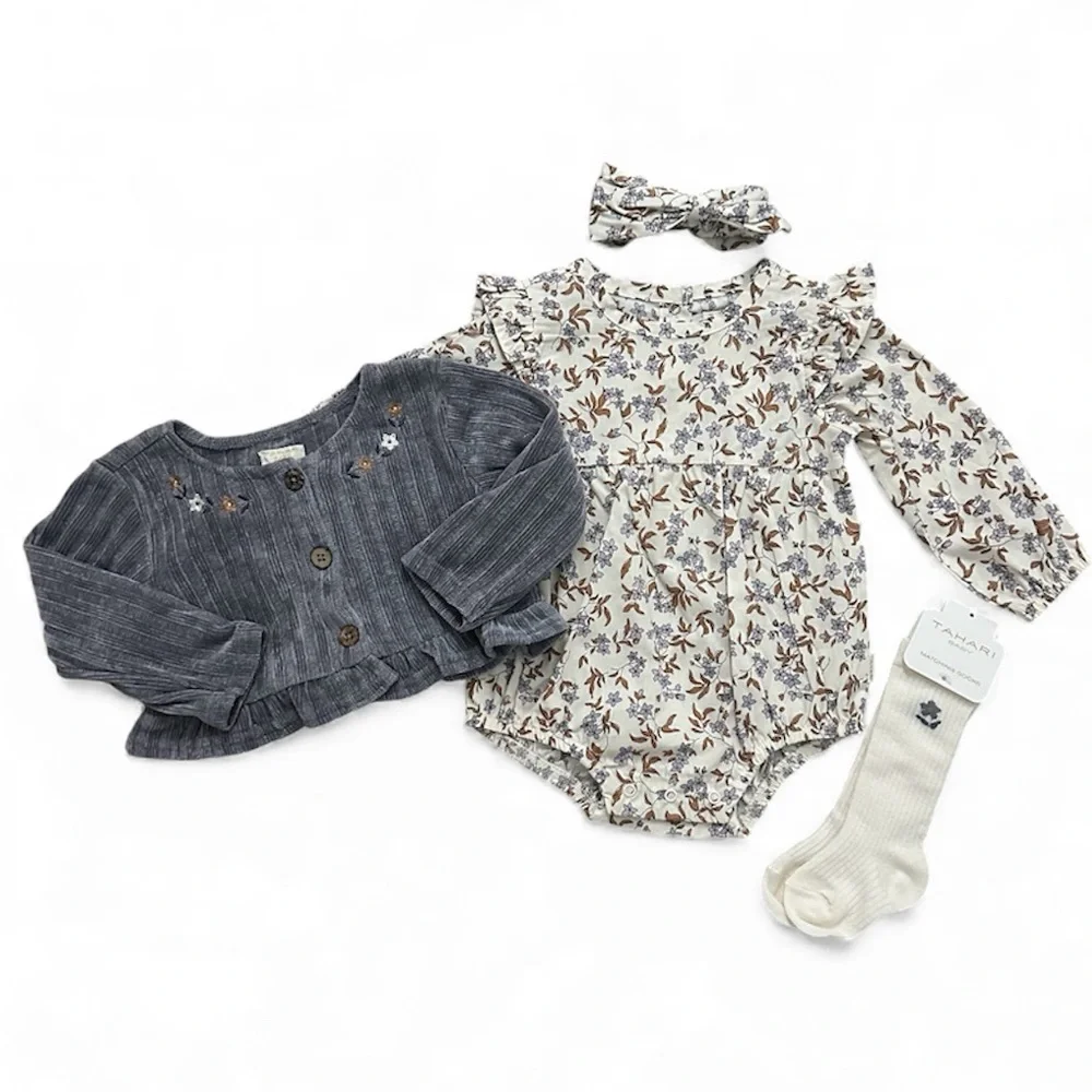 Tahari Baby 4 Piece Set Baby Girl 6-9 Months Bodysuit Cardigan Bow Socks NWT